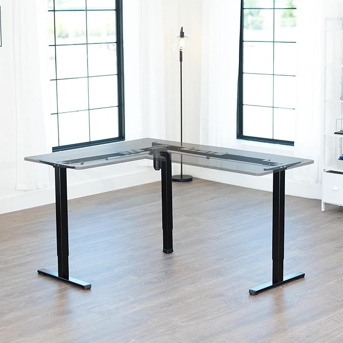 VIVO Medium Electric Single Motor Height Adjustable 3-Leg Corner Desk Standing Frame, Holds up to 225 lbs, Sit Stand L-Shaped Motorized Legs Only, Black, DESK-E355B