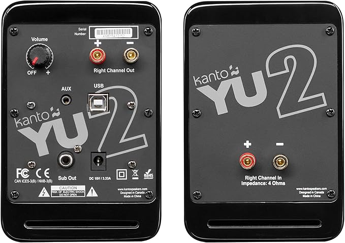 Kanto YU2GB PC Gaming Desktop Speakers | 3" Composite Drivers | 3/4" Silk Dome Tweeter | Class D Amplifier | 100 Watts | Built-in USB DAC | Subwoofer Output | Pair | Gloss Black