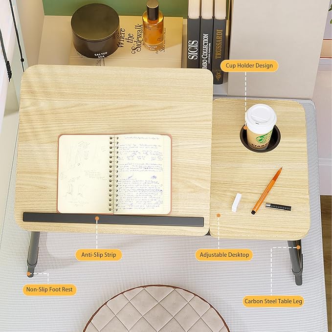 Adjustable Laptop Desk for Bed, 5-Angle Adjustable Lap Tray Table with Cup Holder, Portable Foldable Bed Desk for Eating, Working, Writing & Reading (Yellow)