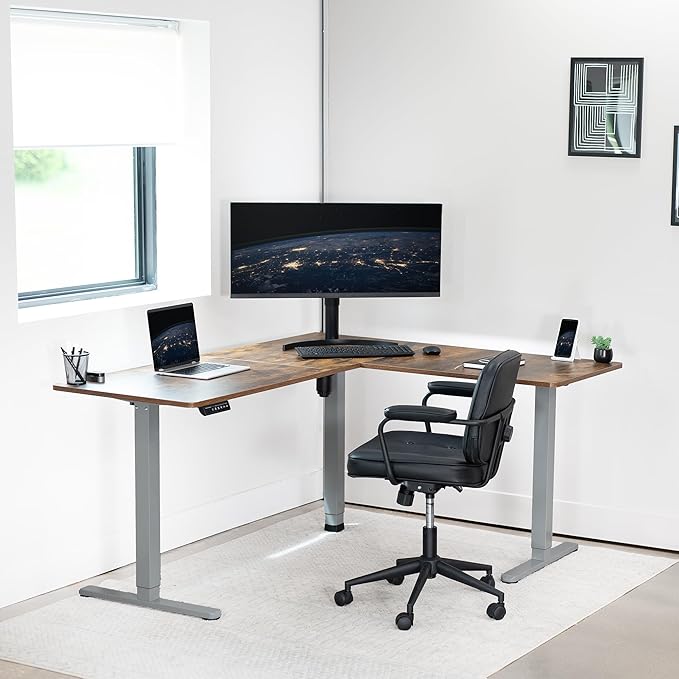 VIVO Corner Standing Desk, 63 x 55 inch Reversible L-Shaped Workstation, Electric Height Adjustment, Home, Office, and Reception Rooms, Rustic Vintage Brown Table Top Gray Frame, DESK-E3CTGN