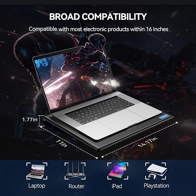 TECKNET Laptop Cooling Pad - 12"-15.6" Laptops Cooler, Powerful Cooler and Ultra Quiet for Gaming Laptops Pad, 2 Wind Speed Adjustable, USB A & C Powered Cooler Stand with Laptop Fan LED (Blue)