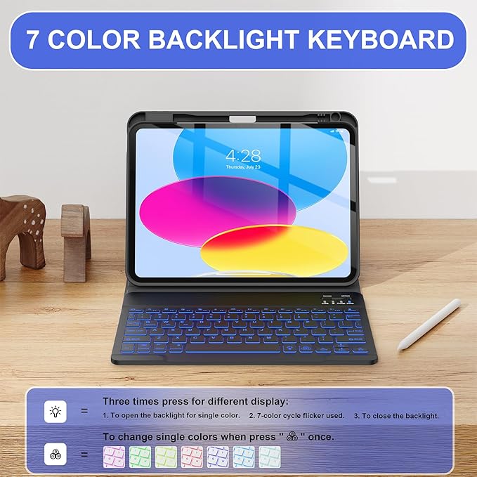 Soke for iPad (A16) 11th/10th Generation Case with Keyboard(2025/2022)-7 Color Backlight Wireless Detachable Folio Keyboard Cover with Built-in Pencil Holder for iPad 11/10.9 inch, Ebony