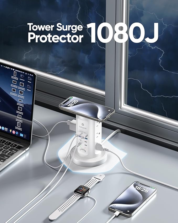 30W USB Charging Station, Surge Protector Power Strip Tower, 9 AC Outlets with 8 USB Ports(4 USB-C), 6Ft Flat Plug Retractable Extension Cord, for Home Office Dorm, White