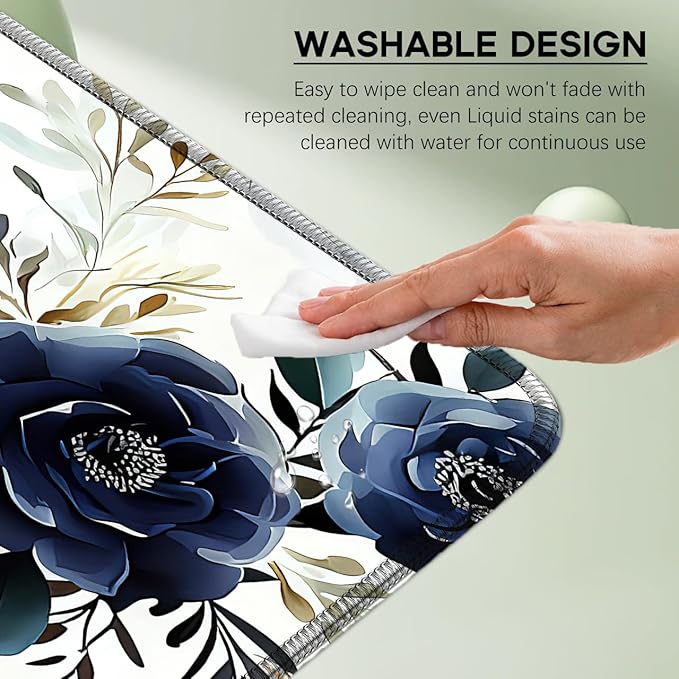 Blue Floral Peony Mouse Pad 31.5x11.8 Inch, Large White Flowers Desk Mat with Non-Slip Base, Micro-Woven Fabric, Stitched Edges for Office Computer