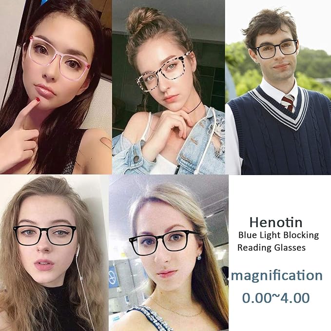Henotin 4-Pack Blue Light Blocking Reading Glasses Women Men,Spring Hinge Computer Readers,Anti UV Ray Square Nerd Eyeglasses (4 pack Mix Color, 0.00, Diopters)
