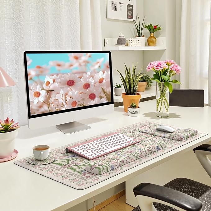 iLeadon Purple Desk Mat Set, Soft Mouse Pad Wrist Support, Anti-Fatigue Keyboard Pad with Wrist Support, Non Slip Long Floral Mouse Pad for Desktop, Teacher Desk Mat with Coaster for Office Women