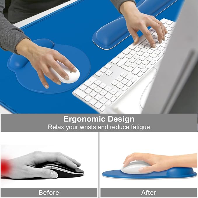 Dapesuom Large Gaming Mouse Pad, Mouse Pads with Wrist Rest Wrist Support, 4in1 XXL Desk Mat Desk Pad + Ergonomic Mousepad + Memory Foam Keyboard Mat Wrist Rest + Coaster Set for Computer, Dark Blue