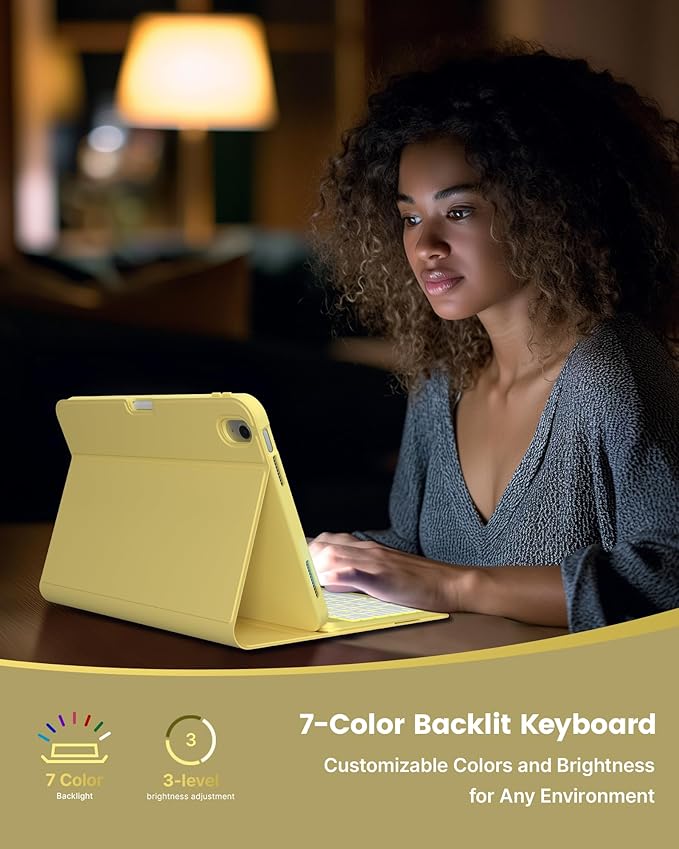 typecase Folio Keyboard Case for iPad 10th Gen 10.9 inch (2022) and iPad 11th (A16, 2025), Magnetic Wireless Detachable Keyboard, 7-Color Backlight, Thin & Light, Pencil Holder – Yellow