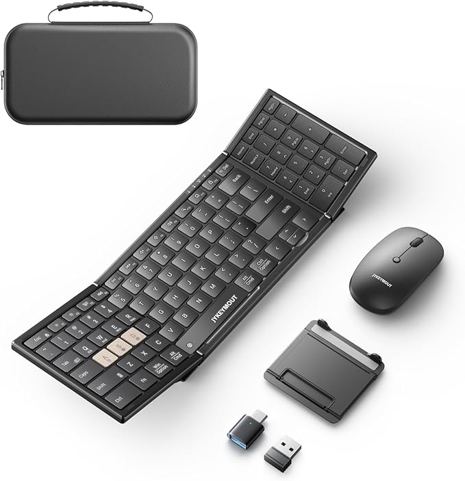 Foldable Keyboard and Mouse Set, USB A+Type C+Bluetooth1&2(4-in-1)Wireless Connection, Portable Full-Size Folding Rechargeable Design with Keyboard Lock for Home/Office/Business Travel-Black