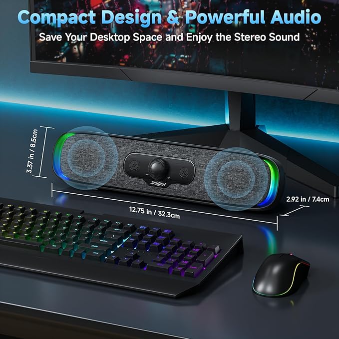 SOULION Computer Speakers, USB C/USB Powered PC Speaker with Colorful LED Lights, Plug-N-Play Wired Bluetooth Sound bar with Rotary Control for Desktop Laptop Monitor Office Work Music Black