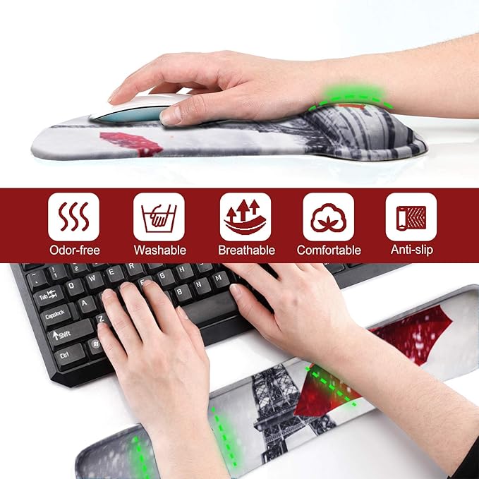 Keyboard Wrist Rest Mouse Pad Support, ToLuLu Gel Ergonomic Mouse Pads for Computer Laptop PC, Comfortable Durable Mousepad Keyboard Wrist Rests for Easy Typing Pain Relief, Eiffel Tower