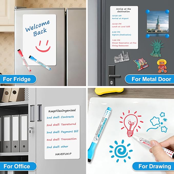 Magnetic Whiteboard for Fridge, 20" x 13" Dry Erase Board Set with Markers & Eraser, Strong Magnet & Stain-Resistant Surface, Fridge Calendar for Notes, Grocery List, Meal Planning & Family Schedule