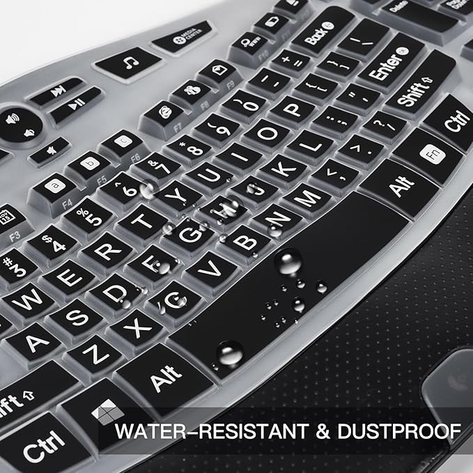 CaseBuy Keyboard Cover with Large Letters Compatible with Logitech K350 MK550 MK570 Wireless Wave Ergonomic Keyboard Protector with Oversized Print Letters -Black