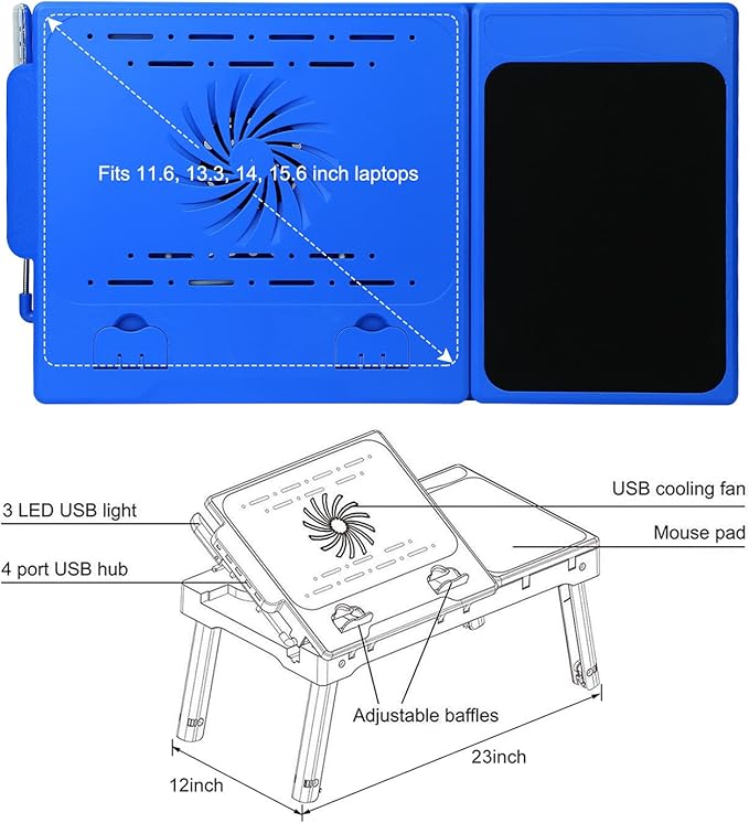 Foldable Laptop Table with Cooling Fan, LED Light, 4 x USB Ports, Mouse Pad & Storage Groove for Laptop Use in Home Office