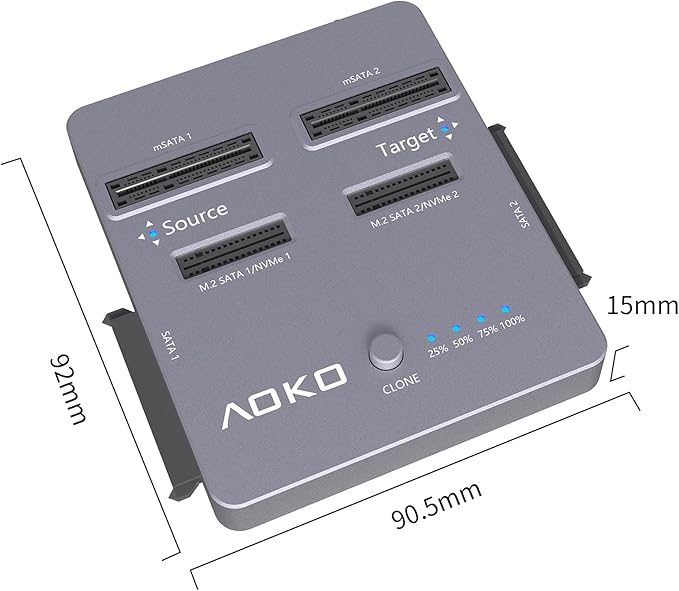 AOKO M.2 NVMe SSD Cloner, Dual-Bay 4-in-1 Hard Drive Docking Station,Hard Drive Reader/Cloner for M.2 PCIE NVME+mSATA & SATA 2.5"/3.5" HDD,Offline Cloning Without PC