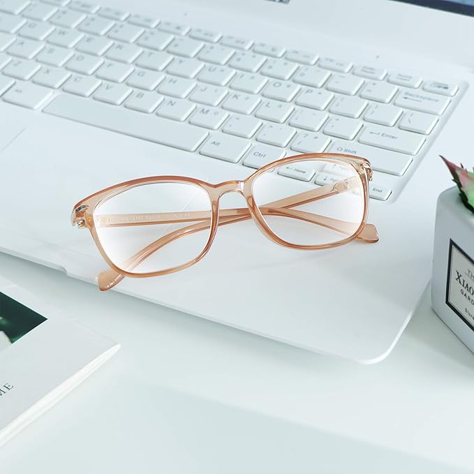 VisionGlobal Blue Light Blocking Glasses for Women Men, Stylish Square Frame(Champagne,No Magnification)