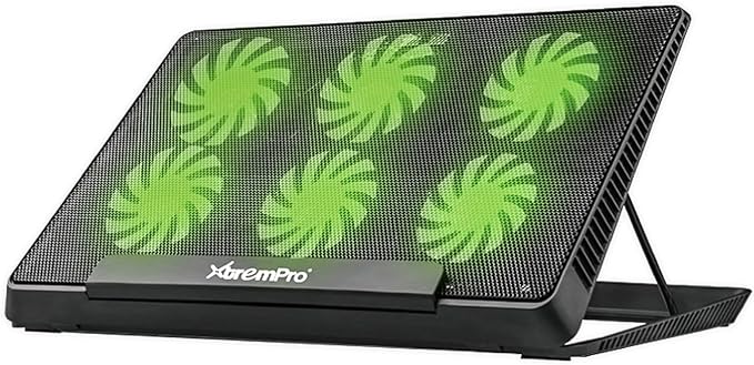 Portable Metal Mesh Laptop Cooler Cooling Pad, 6 Quiet Fans w/Green LED Light, 5 Adjustable Heights, Up to 17" in Notebook, 2 USB Interface w/Speed Control Switch, Non-Slip - Black (11147)