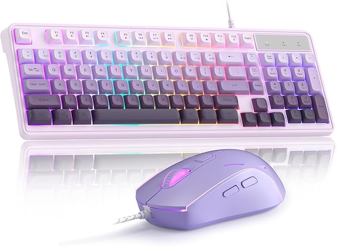 Camiysn Wire Gaming Keyboard, 7 Colorful Rainbow Backlight Classic Gaming Keyboard (Purple-Set)
