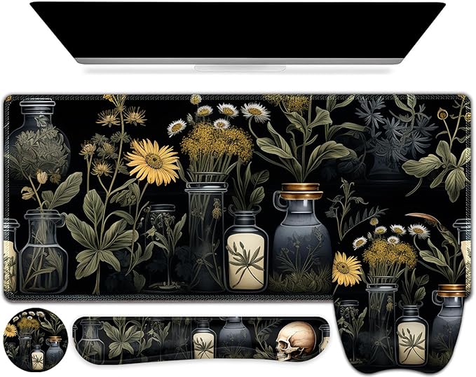 Large Mouse Pad with Wrist Support 4 in1 Set, XXL Big Game Mousepad + Keyboard Wrist Rest+Mouse Wrist Rest+Coaster Gaming Mat for Home Office Computer I Black Academia Mystical Green Plant