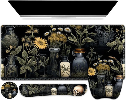 Large Mouse Pad with Wrist Support 4 in1 Set, XXL Big Game Mousepad + Keyboard Wrist Rest+Mouse Wrist Rest+Coaster Gaming Mat for Home Office Computer I Black Academia Mystical Green Plant