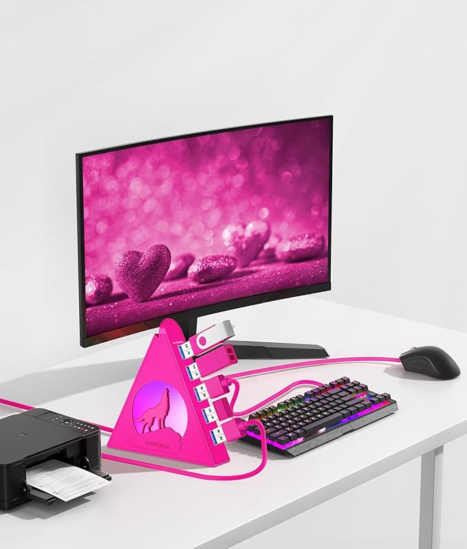 7-Port USB 3.0 Hub, JoyReken RGB USB Hub with RGB Night Light and 2ft Cable, USB Hub 3.0 Pink USB Expander for Laptop, PC, Flash Drive, HDD, Console, Printer, Keyboard, Mouse (Hot Pink)