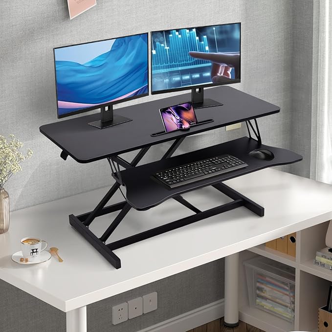38-Inch Height Adjustable Standing Desk Converter, Duals Monitor & Laptop Riser with Wide Keyboard Tray, Sit to Stand Ergonomic Workstation for Home Office, School, Business, Black