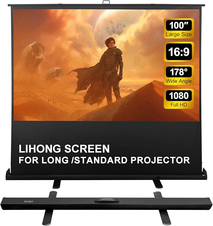 LIHONG Screen 100 inch 16:9 Portable Manual Pull Up Floor Rising Projector Screen Indoor & Outdoor HD Matte White for Long Standard Projection Fast Setup for Home Theater Movies,Classroom,Office