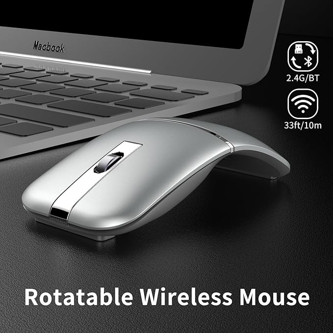 Bluetooth Arc Mouse Wireless Silent Travel Mouse Rechargeable with BT & 2.4G Dual Mode, 1000/1600/2400 DPI, Slim Rotatable Portable Mobile Mice, USB Optical Computer Mice for PC Laptop Tablet -Silver
