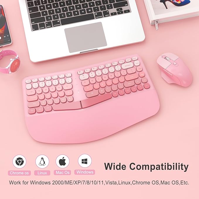 Ergonomic Wireless Keyboard Mouse, Mechanical Gaming Set with Wrist Rest & OTG & Brush Ideal for Windows PC, Home, Office and College Pink