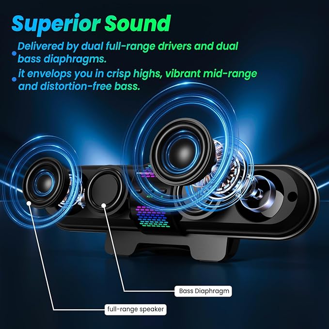 BESTISAN Computer Speaker, Bluetooth 5.3/Wired USB A/C Connection, 6 RGB Light Modes, Gaming Soundbar for PC/Laptop/Desktop, USB A/C Adapter, Loud Sound, Easily Clamps to Monitor, Convenient Controls