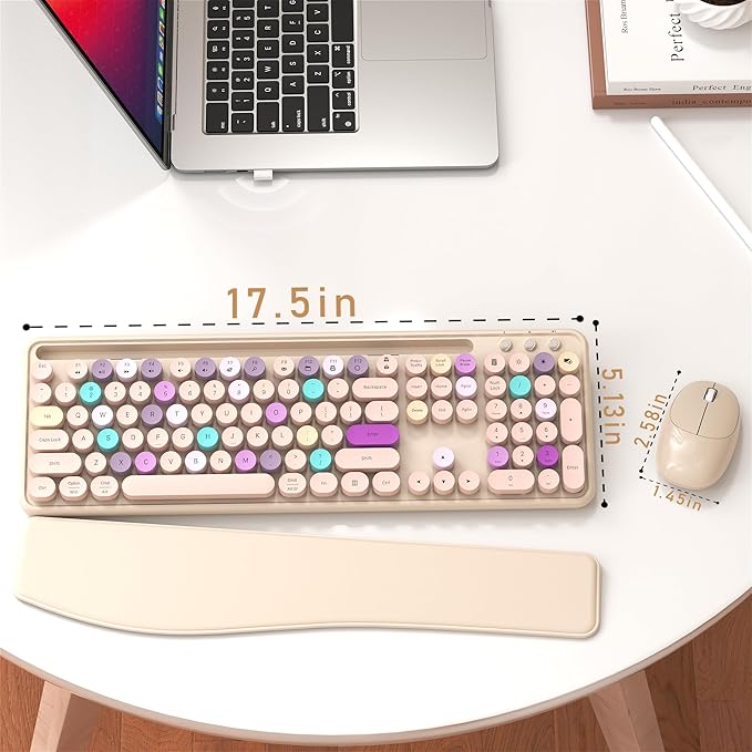Colorful Wireless Computer Keyboard and Mouse Combo with Phone Holder, Wrist Rest, Typewriter Keys, 2.4GHz Wireless, Full-Sized Optical Mouse for PC and Laptop (Khaki)