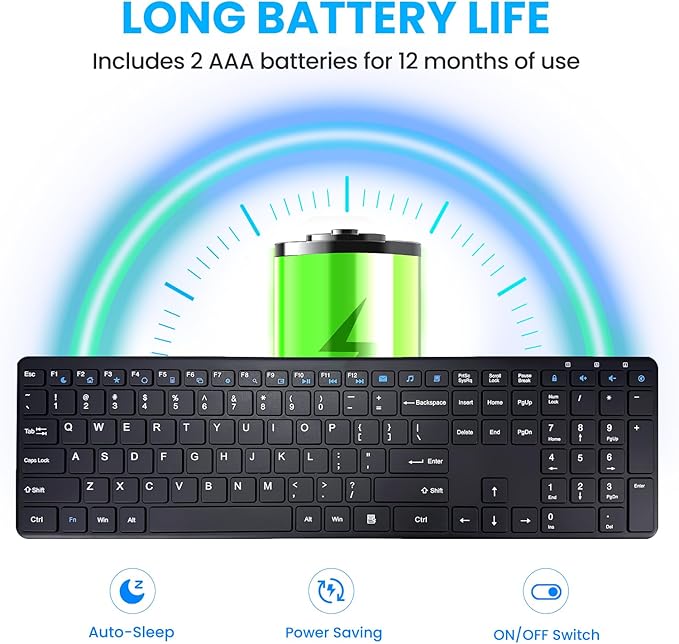 Wireless Keyboard-2.4G USB Ultra Slim Quiet Full Size Matte PC Computer Keyboard,19 Multimedia Keys,Number Pad,Plug&Play,Lag-Free Ergo,Long Battery Life for Desktop,Laptop,Smart TV,MAC,Windows,QWERTY
