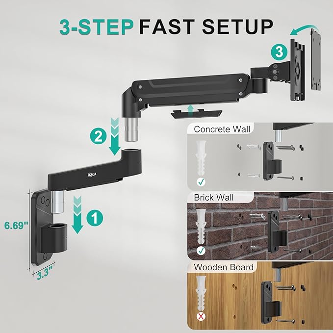 WALI Monitor Wall Mount for 13-49 Inch Ultrawide Screens, Heavy Duty Single Monitor Mount Holds up to 44 lbs, Adjustable Gas Spring Wall Mount Monitor Arm, 75/100mm VESA Mount (GSWM001-P), Black
