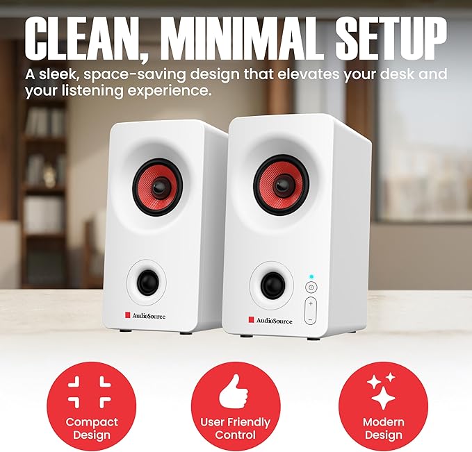 Audiosource Desktop PC Speakers with Bluetooth 5.3, USB-C Plug & Play, 2.0 Stereo Computer Speakers with Dual 2" Drivers, AUX Input, LED Indicator, Compact Design for PC, Laptop & Home Office (White)