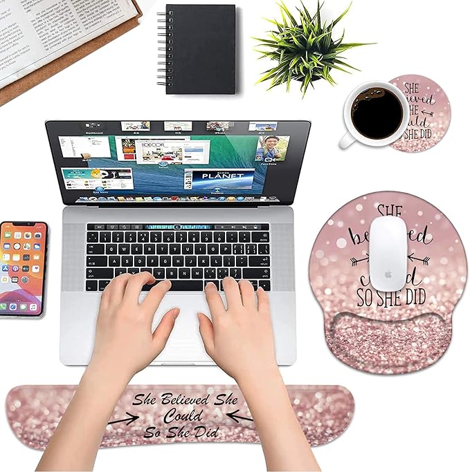 Keyboard Wrist Rest and Mouse Pad Wrist Support, She Believed She Could So She Did Inspirational Quote Non-Slip PU Base, Easy Typing and Relieve Wrist Pain, Perfect for Home Office Working Studying