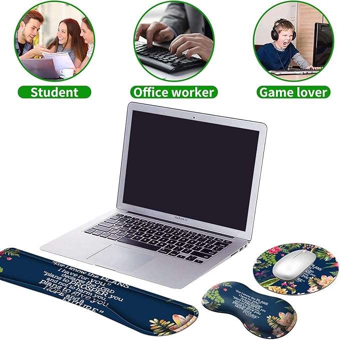 Ergonomic Keyboard Wrist Rests Gel Memory Foam Mouse Pad with Round Mousepad + Coasters, Wrist Support Set with Non Slip Base for Gaming Laptop Easy Typing & Pain Relief, Inspirational Quotes
