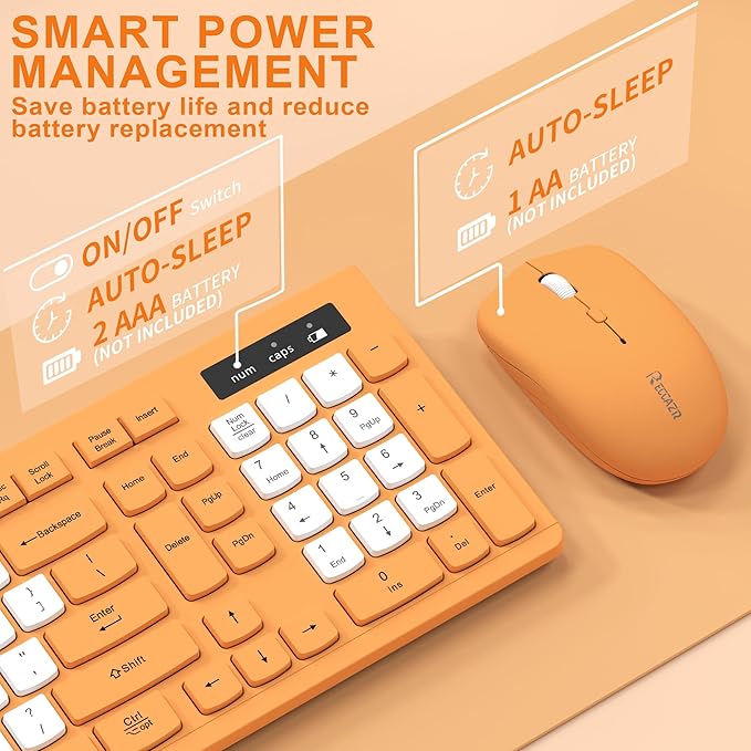 Wireless Keyboard and Mouse Combo, Full-Sized Wireless Keyboard and Adjustable DPI Mouse, 2.4GHz USB Receiver, Keyboard and Mouse for PC, Windows, Desktop, Laptop (Orange-B)