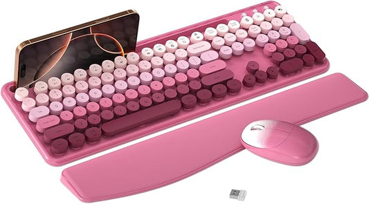 Colorful Wireless Computer Keyboard and Mouse Combo with Phone Holder, Wrist Rest, Typewriter Keys, 2.4GHz Wireless, Full-Sized Optical Mouse for PC and Laptop(Rose-Red Colorful)
