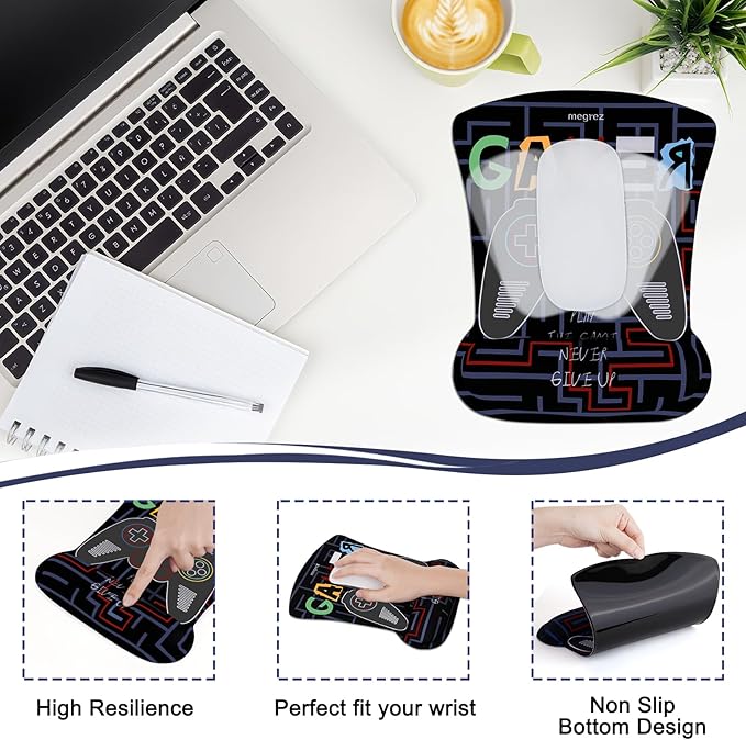 MEGREZ 4-in-1 Ergonomic Memory Foam Wrist Rest Set, Desk Pad, Mouse Pad with Wrist Rest, Keyboard Pad, Suitable for Office Workers, Programmers & Gamers–Relieve Typing & Gaming Fatigue, Black