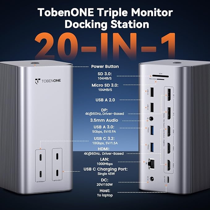 TobenONE 20-in-1 Docking Station 3 Monitors for MacBook, Triple 4K@60Hz Monitor Docking Station with 3 HDMI, 2 DP, 45W PD,150W Charger, 6 USB Ports, Driver-Based,for M1/M2/M3/M4/M5/Windows/Chrome OS