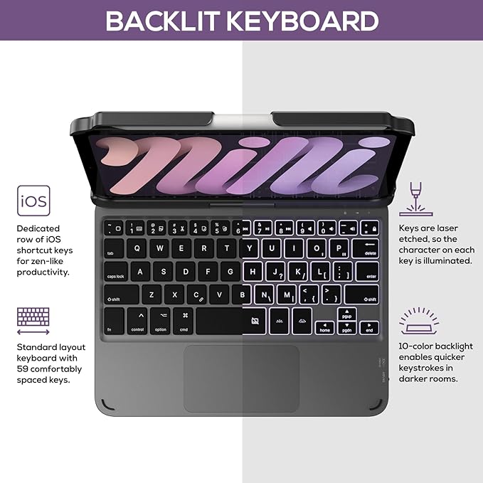 typecase Keyboard Case for iPad mini 7 (2024) & mini 6 (2021) - Wireless Case with Keyboard for iPad mini 7th 6th Generation 8.3" - 11 Colors Backlit Keyboard Cover with Trackpad - Dark Gray