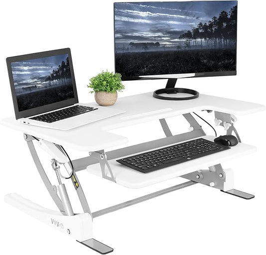 VIVO 36 inch Height Adjustable Stand Up Desk Converter, V Series, Quick Sit to Stand Tabletop Dual Monitor Riser Workstation, White, DESK-V000VW