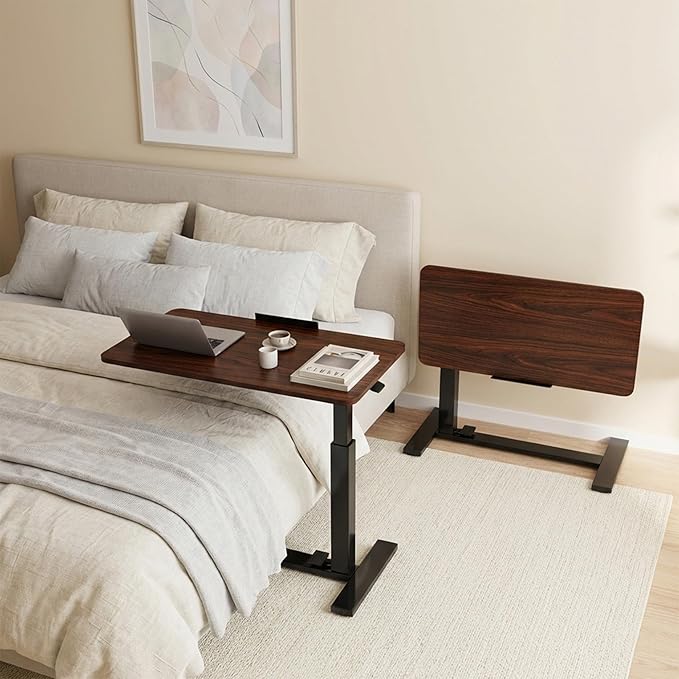 OLIXIS Mobile Standing Desk, Height-Adjustable Computer Cart with Pneumatic Lift, Portable Computer Workstation Cart for Bed, Couch, Office, Sofa, Brown