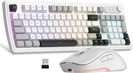 MageGee V990 Creamy Wireless Keyboard and Mouse Combo, 99 Keys RGB Backlit Rechargeable Quiet Gaming Keyboard, Adjustable Optical Mouse, with Number Pad, Keyboards Set for Desktop, Laptop, PC(White)