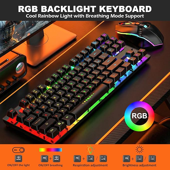Wireless Gaming Keyboard and Mouse Combo, LED Backlit Rechargeable Battery, Ultra Compact Mechanical Feel Keyboard, RGB Mice for PC Gamer, Business Office, Durable Ergonomic, Wide Compatibility, Black