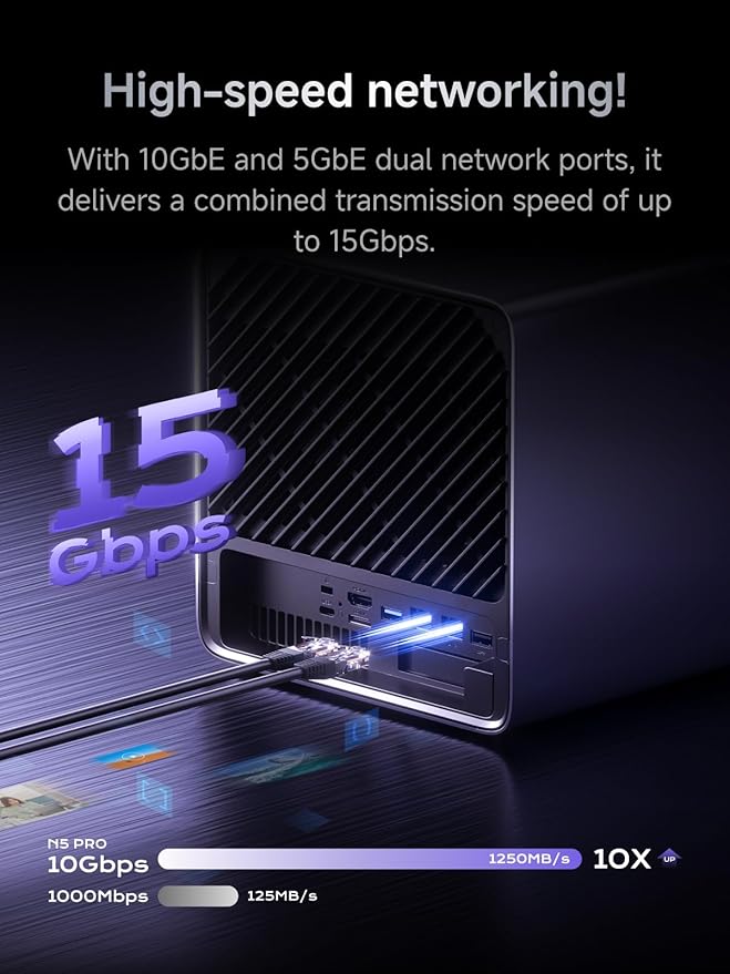 MINISFORUM N5 Air NAS with AMD Ryzen 7 255, 2X SODIMM DDR5-5600MHz, 64GB SSD, 1xHDMI+2xUSB4 Outputs, 5X HDD Slot, M.2 2230/2280/22110/U.2 Slots, 5GbE+10GbE LAN Port, RAID Support NAS