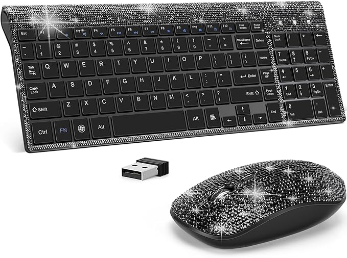 Dazzling Luxury Keyboard and Mouse Wireless, Sparkly Bling Rhinestone Wireless Mouse and Keyboard Gift Set (Black)