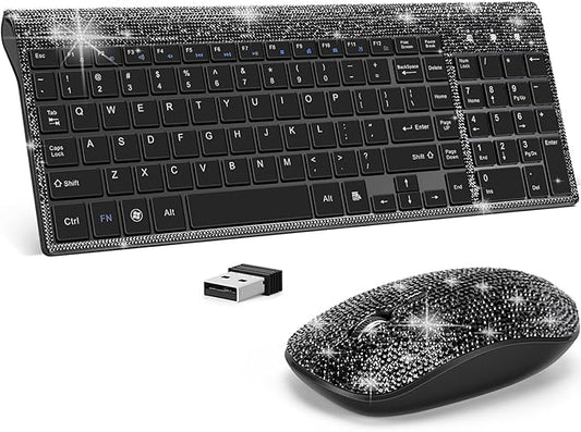 Dazzling Luxury Keyboard and Mouse Wireless, Sparkly Bling Rhinestone Wireless Mouse and Keyboard Gift Set (Black)