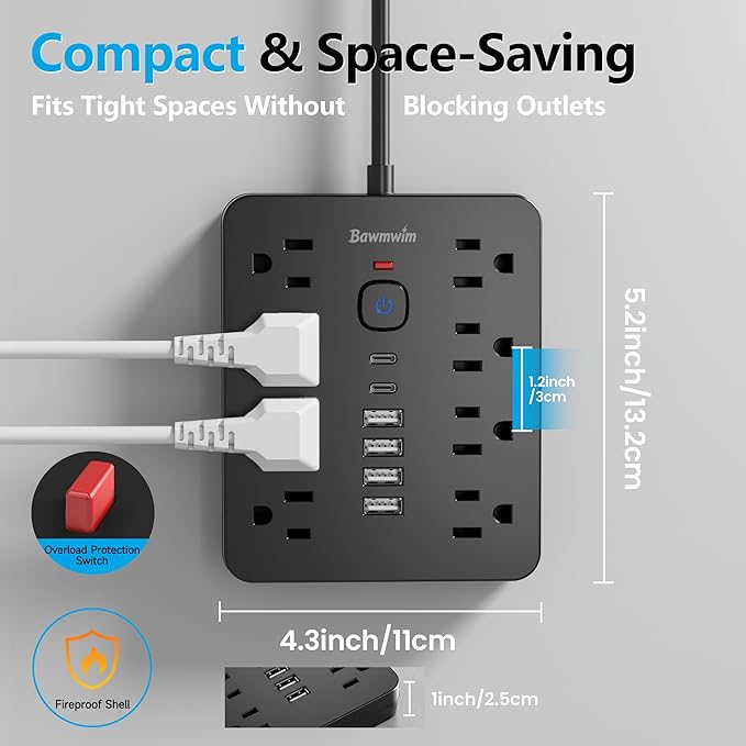 Surge Protector Power Strip, 8 Outlets(1850W/15A), 6 USB Charging Ports(2 USB C), 6FT Flat Plug Extension Cord Outlet Extender with Overload Protection, ETL Certified for Office, Dorm Room