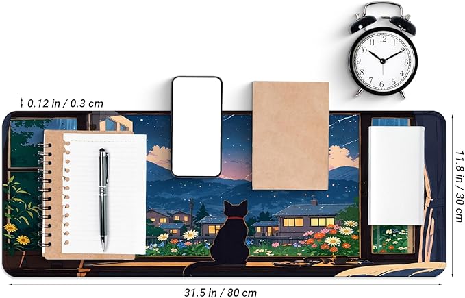 Black Cat Perched on a Windowsill Gaming Mouse Pad with Non-Slip Rubber Base, Large Kawaii Anime Mousepad with Stitched Edges, Long Keyboard Mat for Laptop and Mouse, 31.5 x 11.8 inches